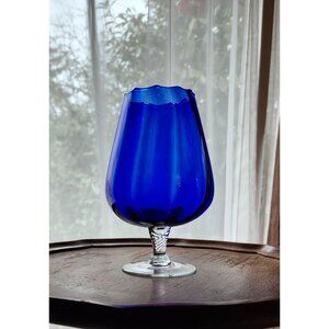 Vintage Empoli Cobalt Blue Glass Snifter 7" Tall Twisted Stem Brandy Glass Vase